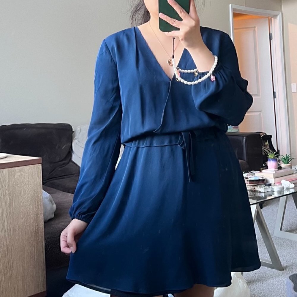 Rebecca Minkoff Navy Blue Silk Long Sleeve Faux Wrap Mini Dress US 2‌‌‌‌‌‌